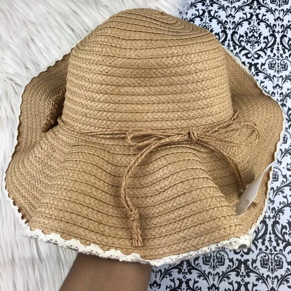NWT Capelli New York : size : OS : Tan Woven floral floppy beach summer sun hat - Picture 5 of 8